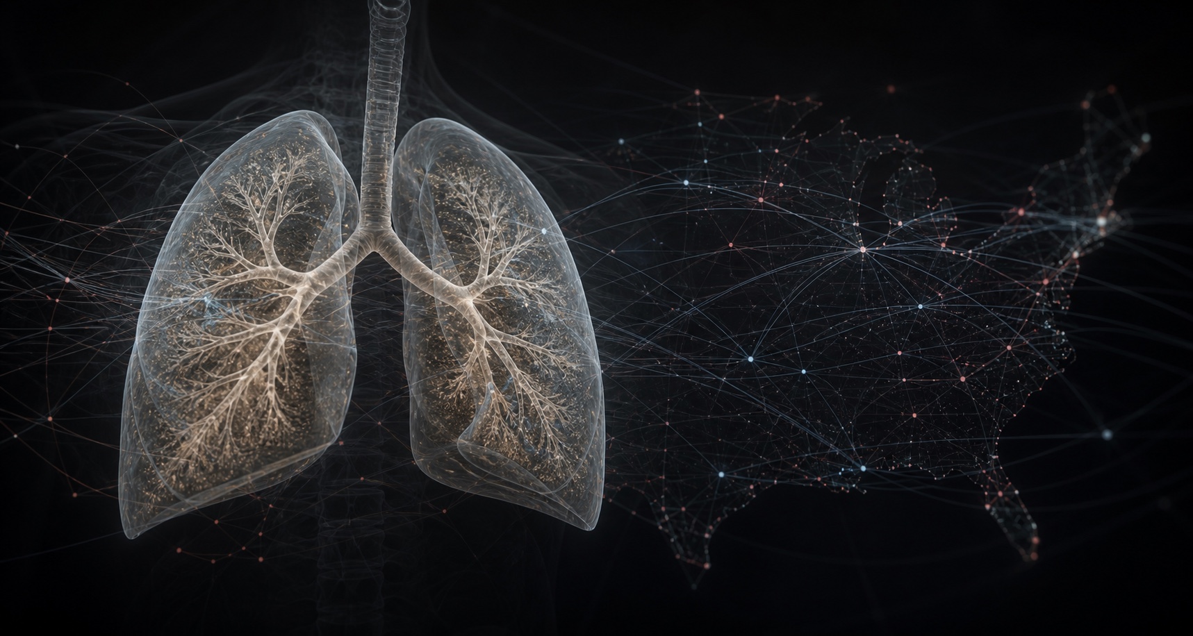 Illustrative translucent lungs connected to a network map of the United States